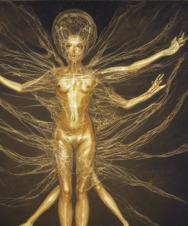 Image similar to Beautiful full-body wax sculpture of a glowing transparent insect with a woman face with visible gold bones covered with melted white wax inside the singularity where stars becoming baroque folds of dark matter of Samsara by Michelangelo da Caravaggio, Nicola Samori, William Blake, Alex Grey and Beksinski, dramatic volumetric lighting, highly detailed oil painting, the golden ratio intial composition, 8k, masterpiece