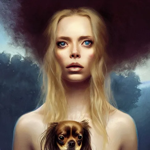 Prompt: closeup portrait of a young and beautiful blonde woman with piercing blue eyes holding a long haired chihuahua, dramatic light, gorgeous view, depth, high detail, digital art, painted by greg rutkowski and seb mckinnon, by vogue, trending on artstation