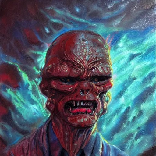 Prompt: the thing which should not be, mike mignogna, dark vintage sci fi, strong contrasts, vivid colors, oil painting, trending on artstation, rough paper