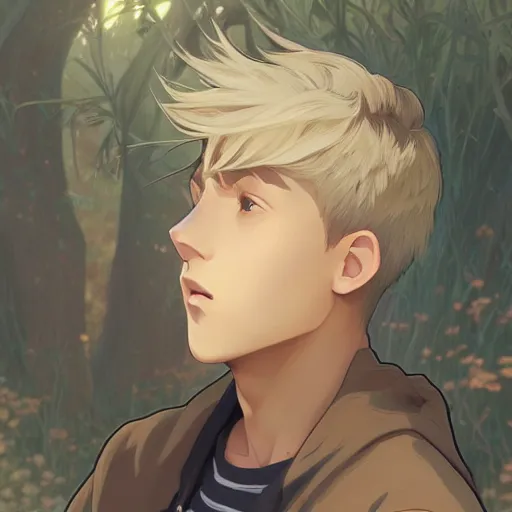 Image similar to young man with short, ash blond greyish hair, light brown eyes, casual clothes, relaxing, happy, path traced, highly detailed, high quality, digital painting, by ross tran and studio ghibli and alphonse mucha, sylvain sarrailh, beautiful details