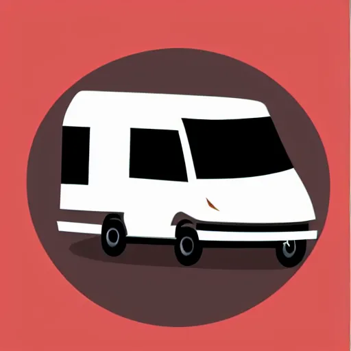 Image similar to very very very minimal vector graphic of a white and black thor chateau motorhome, color highway, mountains and sunset!!, all enclosed in a circle, white background, dramatic, professional minimal graphic design cartoon, award winning