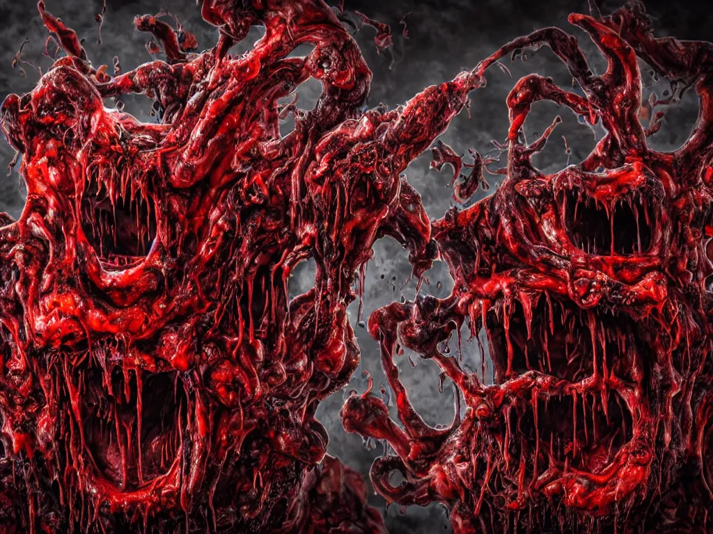 Image similar to twisted demonic creatures screaming, sun dripping liquid blood in the background, horror, hellish, grotesque, visceral, monstrosity, accursed, insanity, nightmare, High Definition detail, 8K