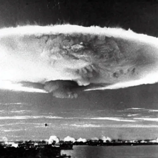 Prompt: newsreel footage of a nuclear explosion