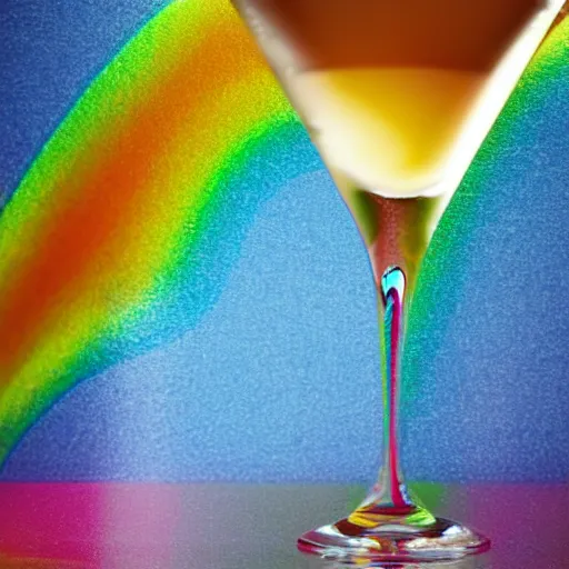 Prompt: a rainbow color layered cocktail in a triangular glass with caustics effects and depth of field
