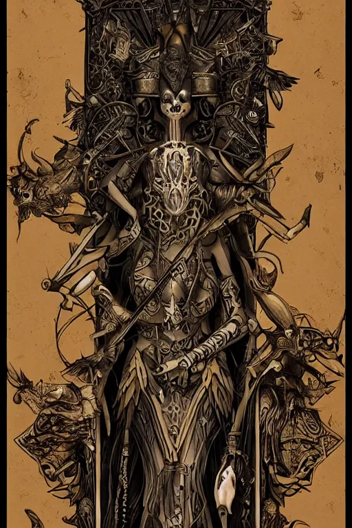 Image similar to Full tarot card, occult, tribal, symbolism, bones, highly detailed, trending on artstation, CGSociety