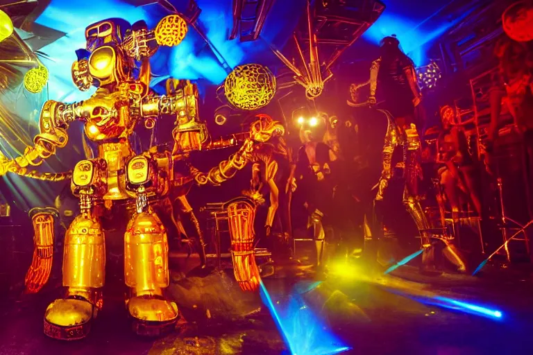 Image similar to scene is la troya party in amnesia in ibiza, portrait photo of a giant huge golden and blue metal steampunk robot, with futuristic gears and tubes, eyes are glowing red lightbulbs, shiny crisp finish, 3 d render, 8 k, insaneley detailed, fluorescent colors, haluzinogetic, background is multicolored lasershow