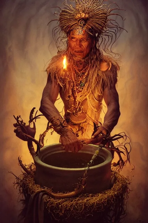 Image similar to a centered render of a wise and mystical tribal shaman brewing a cauldron that summons the souls of ancestors past, cinematic, beautifully lit, by brian froud, by karol bak, by donato giancola, 3 d, trending on artstation, octane render, 8 k