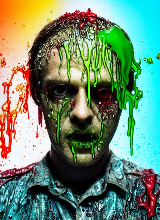 Image similar to beautiful 3 5 mm photograph of a slimy rotting zombie cop covered in colorful wet goop, dripping with colorful liquid, policeman, cop, biocop, intricate details, dark ambient, service cap, atmospheric, movie poster, poster, horror, elegant, super highly detailed, professional digital photo, artstation, concept art, 8 k