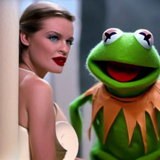 Image similar to Kermit the Frog is the latest Bond girl in 007, movie still, 4k ultra HD