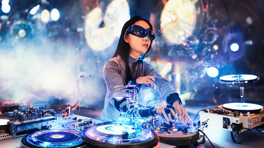 Image similar to an asian woman wearing goggles and visor and headphones using an intricate clockwork record player turntable contraption, robot arms, turntablism dj scratching, intricate planetary gears, smoky atmosphere, cinematic, sharp focus, led light strips, bokeh, iridescent, black light, fog machine, hazy, lasers, spotlights, motion blur, color