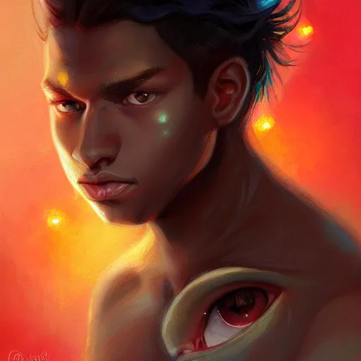 Prompt: colorful and festive captivating cat teenager with straight brown hair covering his eye, dark skin, big lips, big eyes, shirtless. rich vivid colors, ambient lighting, dynamic lighting, 4 k, atmospheric lighting, painted, intricate, highly detailed by charlie bowater