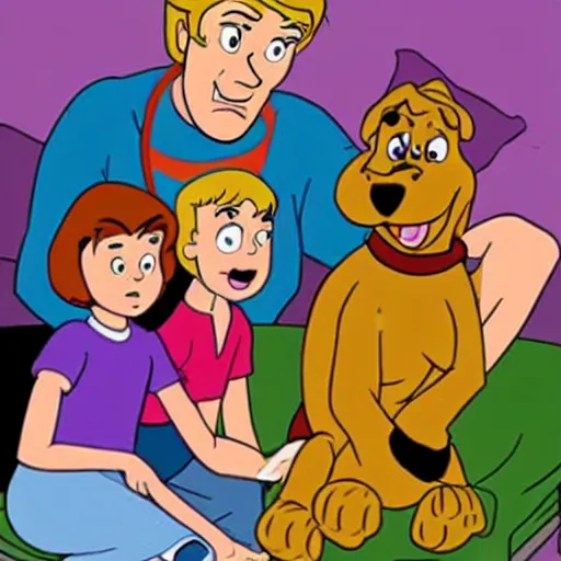 Image similar to scooby - doo on deathbed, freinds and family surround him with love, shaggy holding his paw, hospice, hannah barbera, animated tv show