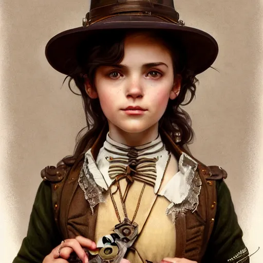 Image similar to Little girl in steampunk clothes, whole body, wears brown boots, olive skin, brown dark hair, beautiful bone structure, intricate, elegant, highly detailed, digital painting, artstation, concept art, smooth, sharp focus, illustration, art by artgerm and greg rutkowski and alphonse mucha