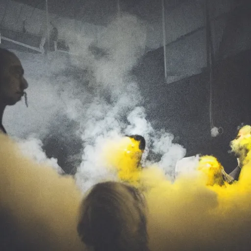 Prompt: a group of people breathing in yellow smoke, floating, possessed, euphoric, surreal, dreamy