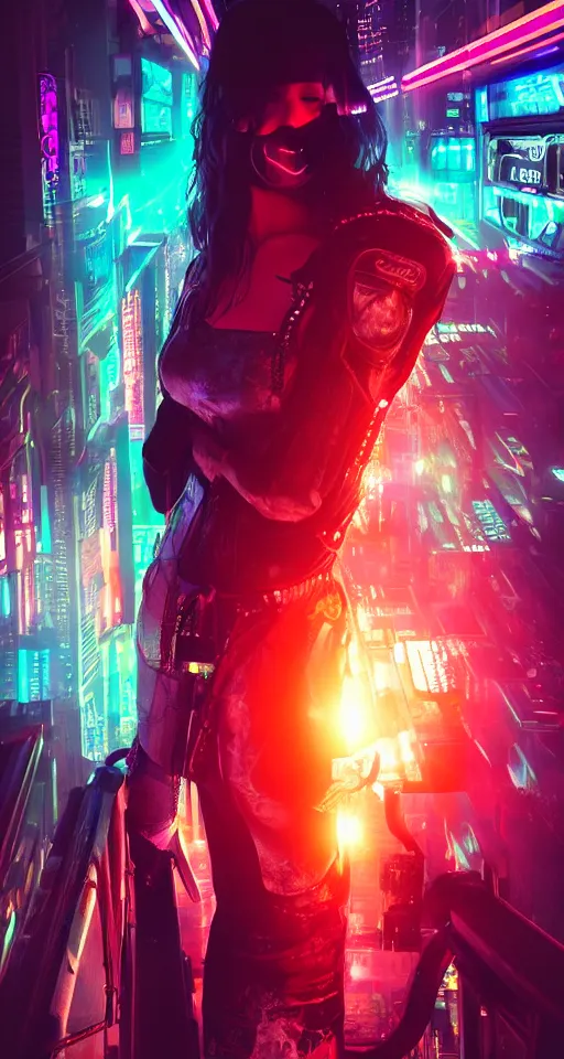 Prompt: high detailed cyberpunk women, city, neon lights, glow, sunset, atmospheric, cinematic, retrowave style,