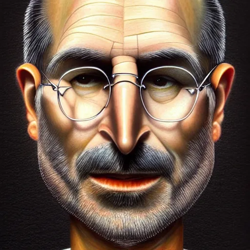 Prompt: apples arranged in the shape of a face resembling steve jobs, fantasy, intricate, elegant, highly detailed, lifelike, photorealistic, digital painting, artstation, illustration, smooth, sharp focus, art by giuseppe arcimboldo