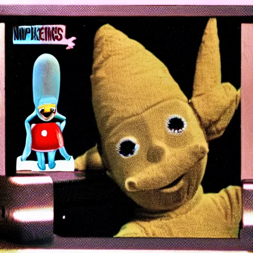 Prompt: conehead Teletubbies smoking cigarettes, vhs tape glitch