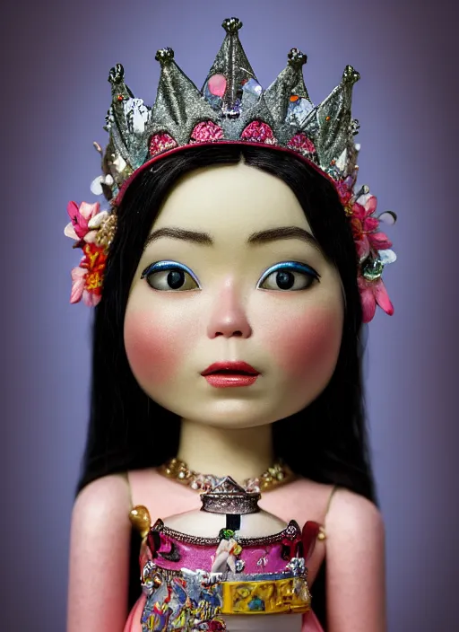 Image similar to closeup face profile portrait of tin toy bjork as a fairytale princess wearing a crown eating cakes, bikini, depth of field, zeiss lens, detailed, symmetrical, centered, fashion photoshoot, by nicoletta ceccoli, mark ryden, lostfish, breathtaking, 8 k resolution, extremely detailed, beautiful, establishing shot, artistic, hyperrealistic, octane render