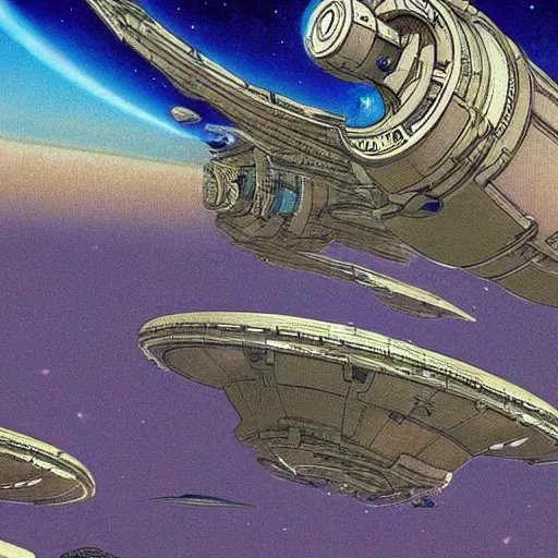 Image similar to this is an image of a sci fiction spaceship being chased by aliens, but they're staring directly at us, wide angle view, in the style of roger dean, hyper detailed