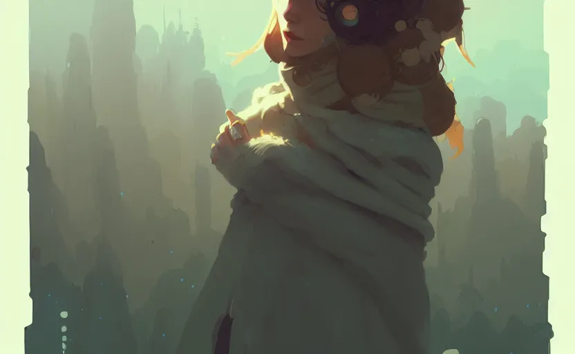 Image similar to female druid by atey ghailan, by greg rutkowski, by simon stalenhag, by greg tocchini, by james gilleard, by joe fenton, by kaethe butcher dynamic lighting, gradient light blue, brown, blonde cream and white color scheme, grunge aesthetic