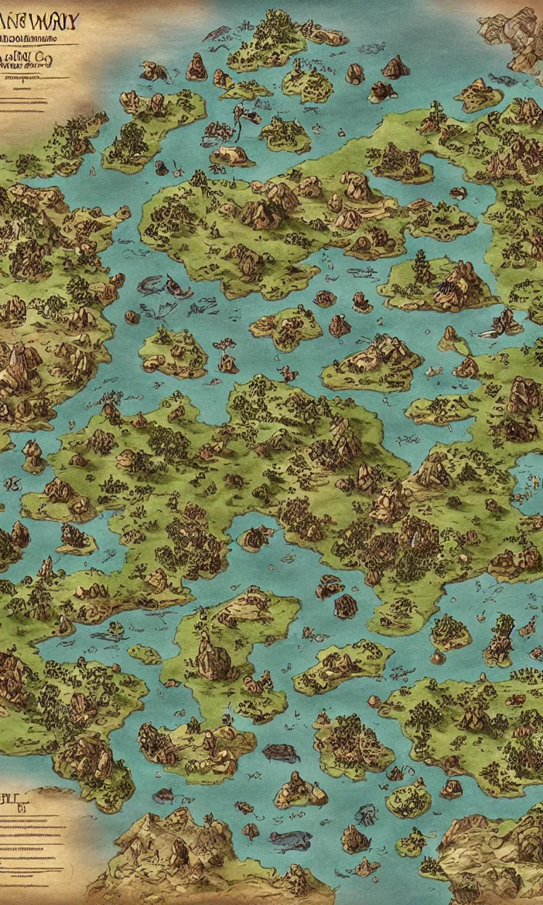 Image similar to an incredibly detailed map of a fantasy world with elaborate biomes and illustrations