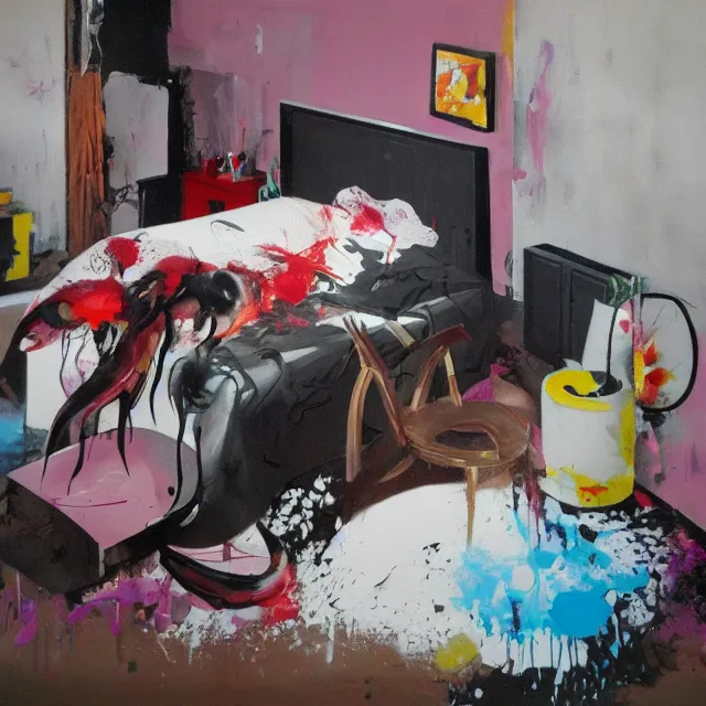 Prompt: bedroom room with black walls and a futon, sensual portrait of a woman sleeping, cracked handmade pottery vase, white flowers on the floor, puddle of water, octopus, squashed berries, neo - expressionism, surrealism, acrylic and spray paint and oilstick on canvas