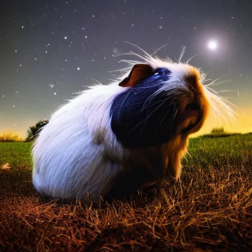 Prompt: guinea pig looking up at the night sky, realistic photo, menacing and threatening atmosphere, moonlight, fiery grass, fiery sky