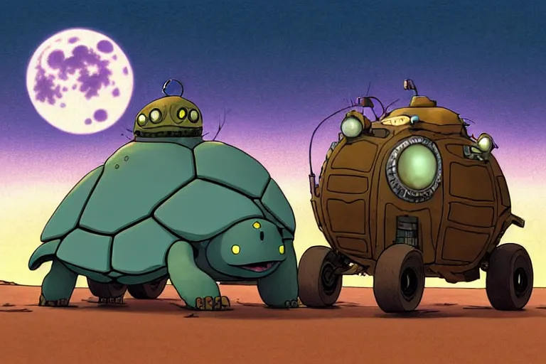 Image similar to a cell shaded cartoon of a lovecraftian mechanized turtle from howl's moving castle ( 2 0 0 4 ), on a desert road, in front of a full moon, full body, wide shot, very muted colors, post grunge, studio ghibli, laurie greasley, highly detailed, deviantart, art by artgem