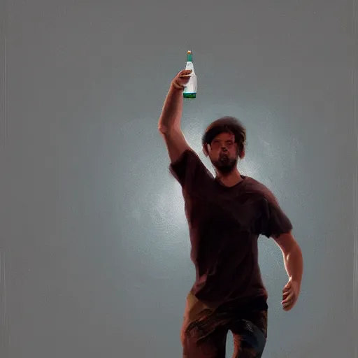 Prompt: artistic rendition of a man jumping in the while holding a bottle, trending on Artstation