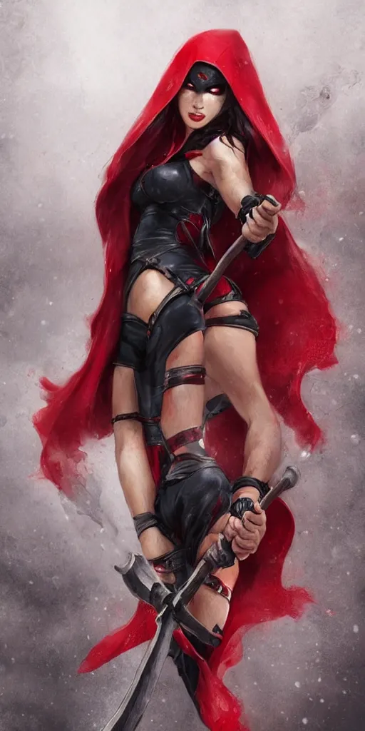 Image similar to photo of gorgeous woman with half white half black hair, in red hood with axe in the style of stefan kostic, realistic, half body shot, sharp focus, 8 k high definition, insanely detailed, intricate, elegant, art by stanley lau and artgerm, foggy background, pinup, fantasy