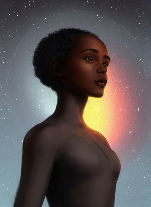 Prompt: symmetry!! a beautiful young black woman standing in front of saturn in space. cute - fine - face, pretty face, realistic shaded perfect face, dark, concept art, cinematic, dramatic, atmospheric, 8 k, trending on artstation, haze, low visibility, fog, christopher nolan, interstellar