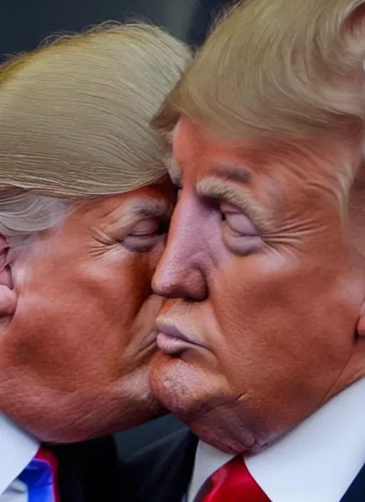 Prompt: beautiful high quality photo of donald trump kissing donald trump. hq. donald trump and donald trump kissing. two donald trumps kissing each other.