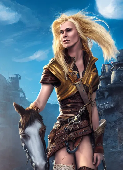 Image similar to An epic fantasy comic book style portrait painting of tall blonde haired female sky-pirate with a serious face and a pony tail in front of a metal gangplank, unreal 5, DAZ, hyperrealistic, octane render, cosplay, RPG portrait, dynamic lighting