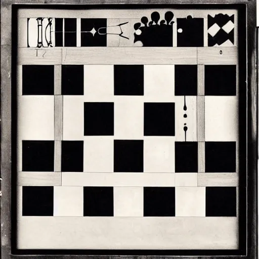 Prompt: A chessboard connected to a machine, Marcel Duchamp, Irving Penn, occult, 1919