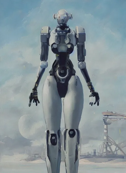 Image similar to a sensual oil painting of a giant pristine white humanoid feminine figure mecha with rounded components by simon stalenhag, inspired by nier automata, clean white lab background