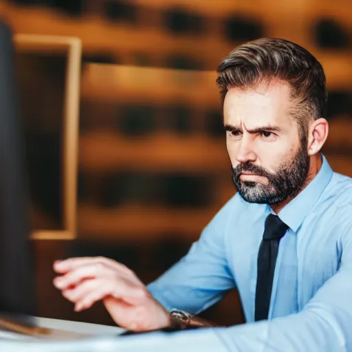 Prompt: annoyed man waiting for a friend in front of a computer pointing on his watch