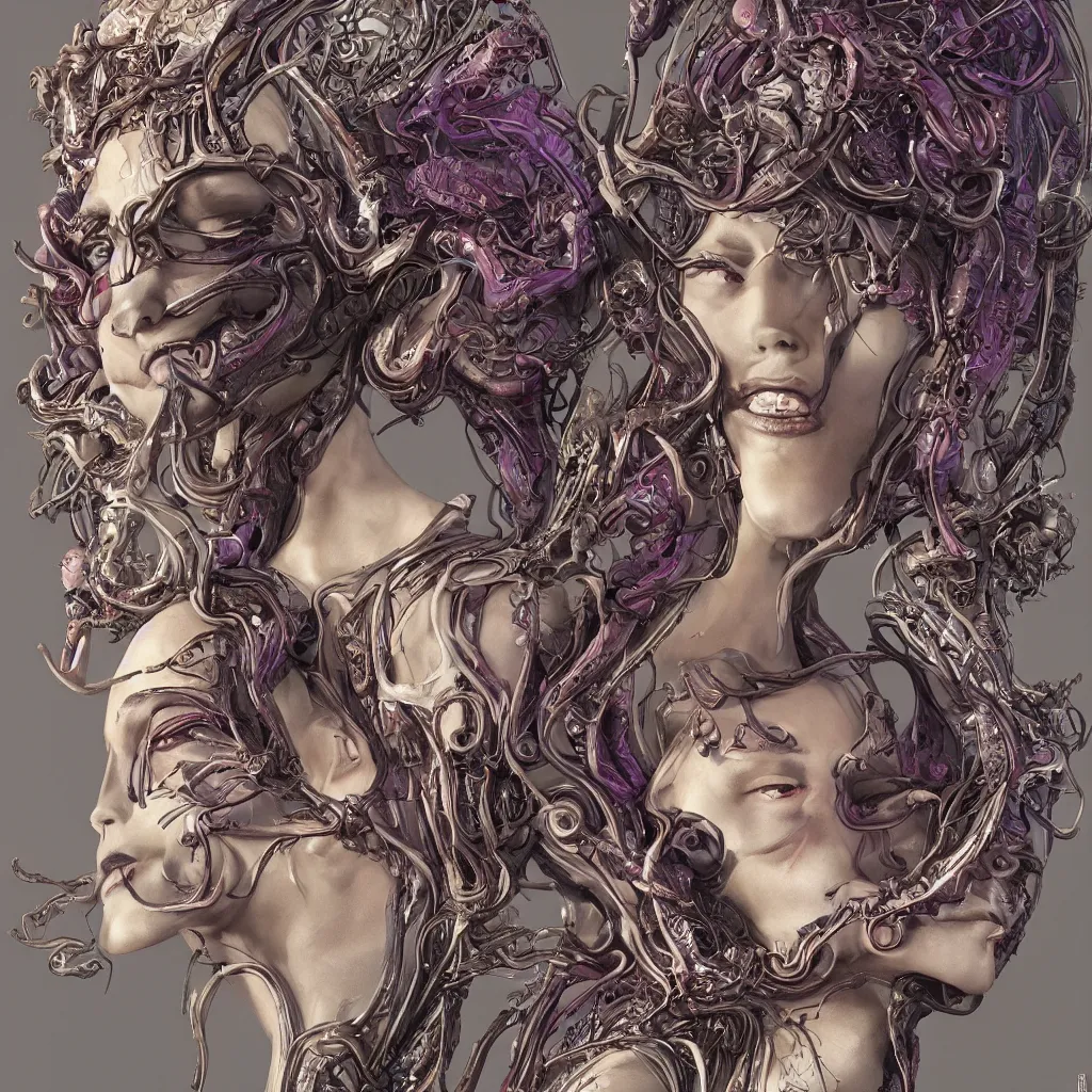 Prompt: a stunning art nouveau bust portrait of a beautiful and complex alien queen with strong confident eyes and a playful smile, sensual frontal declotage, perfect symmetrical facial features, extremely hyperdetailed, mixed media painting, unreal engine, 8 k, octane, 8 mm, by travis charest, chris achilleos and olivia de bernardinis