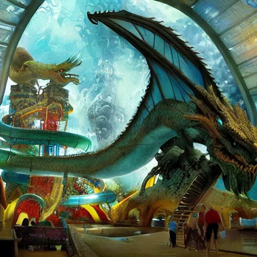 Prompt: dragon shaped waterpark with waterslides painting by brain froud, charles vess, cinematic lighting, epic composition, highly detailed