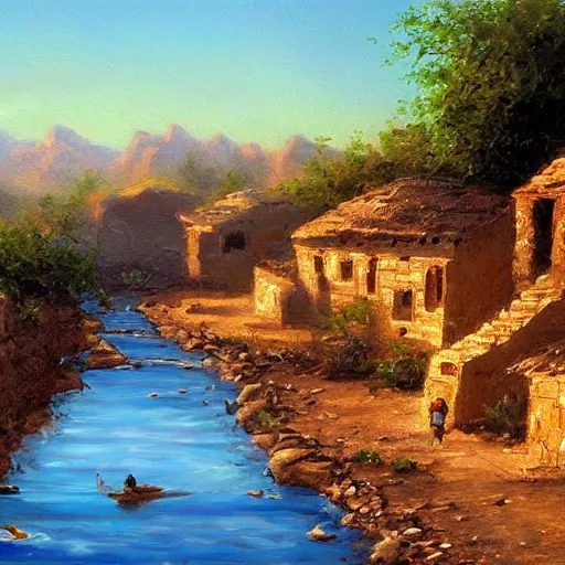 Image similar to High-Quality realist painting of a river crossing a traditional Syrian village in a valley at dawn, peaceful, very detailed, digital art.