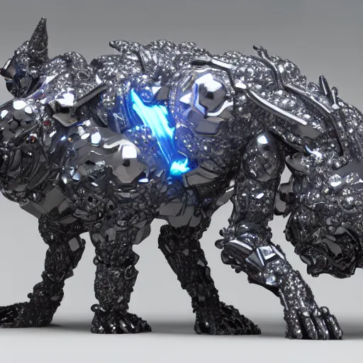 Image similar to hybrid of a cyborg dog and a diamond crystal golem kaiju, ultra detailed, 8 k, rule of thirds, professional lighting, unreal engine.