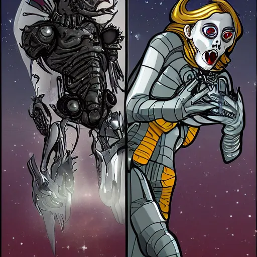 Image similar to scifi woman versus undead creature in a dark spaceship, detailed digital art