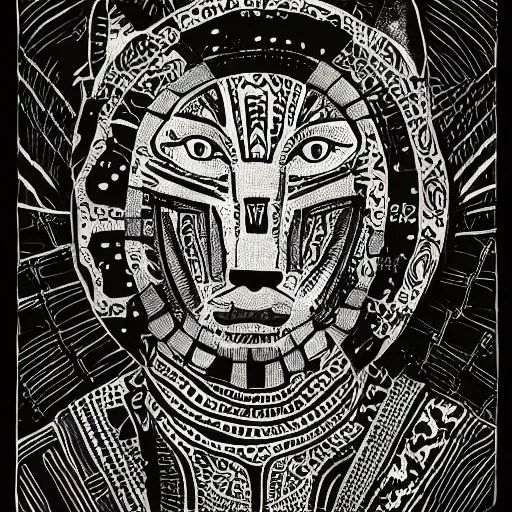 Image similar to b & w illustration of mayan jaguar warrior, resolved, showing conviction or humor by a gloomy silence or reserve, by studio multi and victo ngai, malika favre, william s burroughs, cut up film