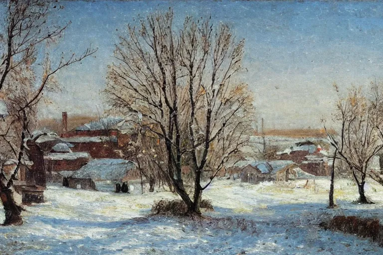 Image similar to russian village in spring with snow and mud, in style of Savrasov,