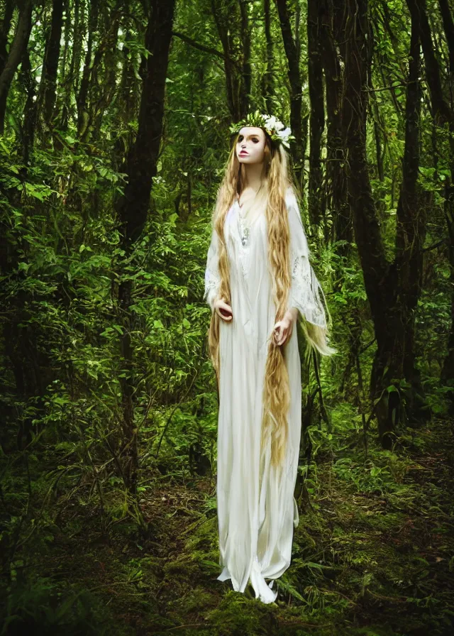 Image similar to young beautiful fey druid woman, full body portrait, long white hair, flower crown, long dark green robes, intricate, standing in a dark forest, sunbeams shining down, high fantasy, romanticism