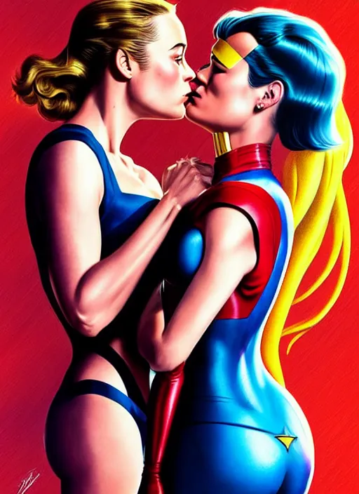 Image similar to brie larson and amber heard kissing as comic book super villains, full body portrait, natural lights, photorealism, dramatic, cinematic, art by artgerm, rossdraws, norman rockwell, magali villeneuve, gil elvgren, alberto vargas, earl moran, enoch bolles