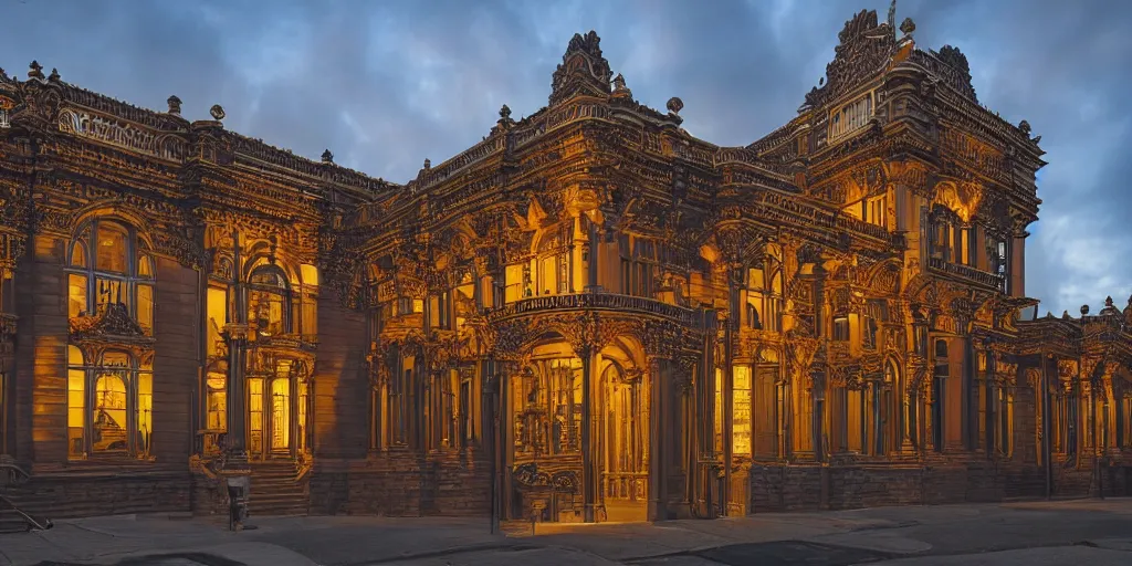 Image similar to extremely detailed ornate stunning sophisticated beautiful elegant victorian museum exterior by Henry Young Darracott Scott and Francis Fowke, stunning volumetric light, stainless steal, concrete, translucent material, beautiful sunset, tail lights