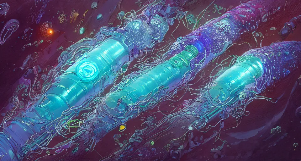 Prompt: bioluminescent cyberpunk siphonophore, extreme light, submersible, deep ocean, organic, mariana trench, midnight zone, bubbles, hyper realistic, hyper detailed, digital art, trending in artstation, studio quality, photorealistic, photo, by jesper ejsing, wlop, paul lehr