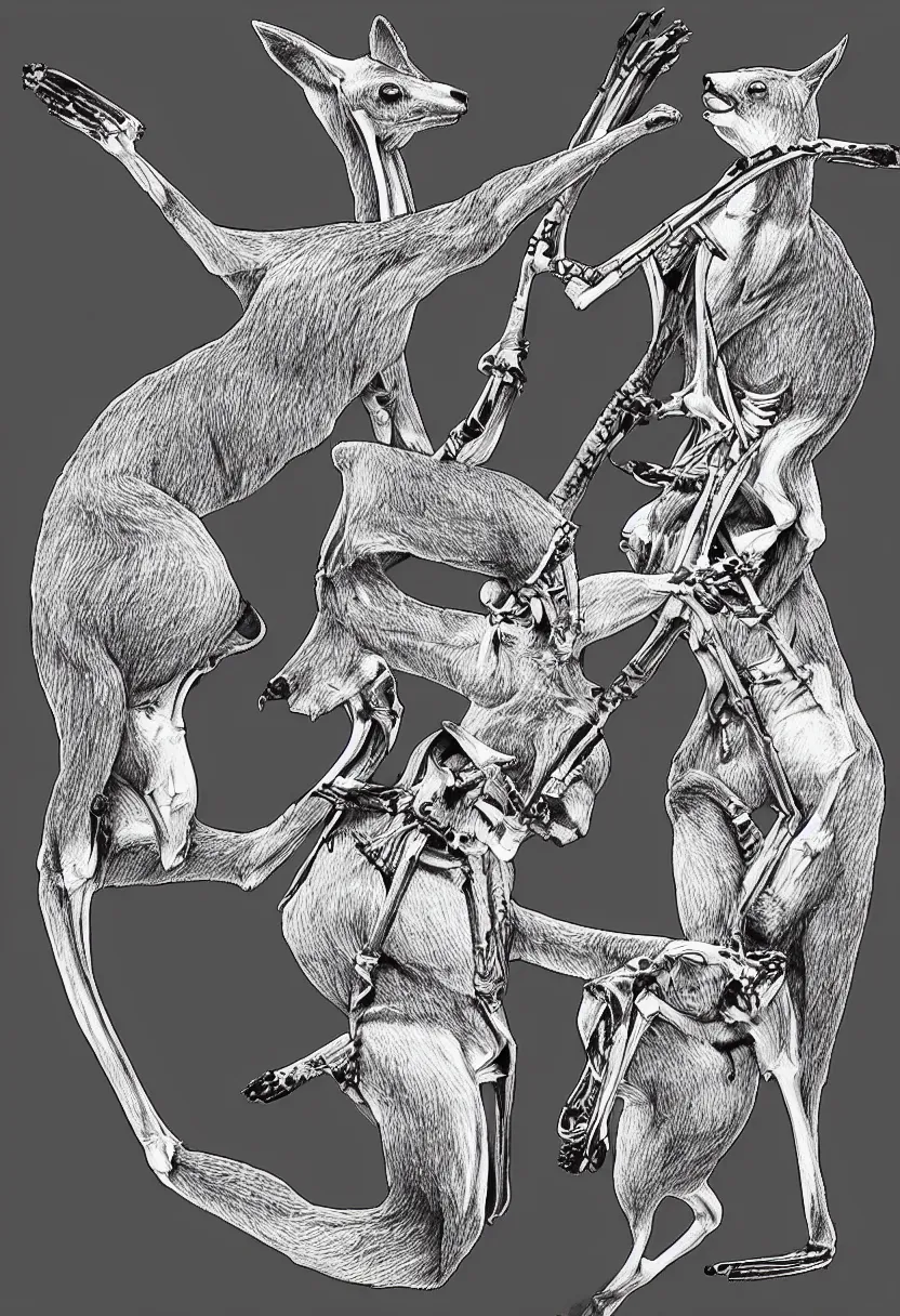 Prompt: pencil illustration of fight between two kangaroo skeletons, highly detailed, on black, silk screen t-shirt design 4K