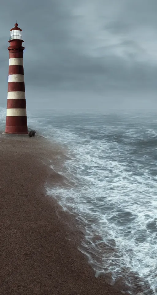 Image similar to wide - shot of lighthouse on the sand seashore, waves, misty background, from the game pathologic 2, highly detailed, sharp focus, matte painting, by isaac levitan and asher brown durand,