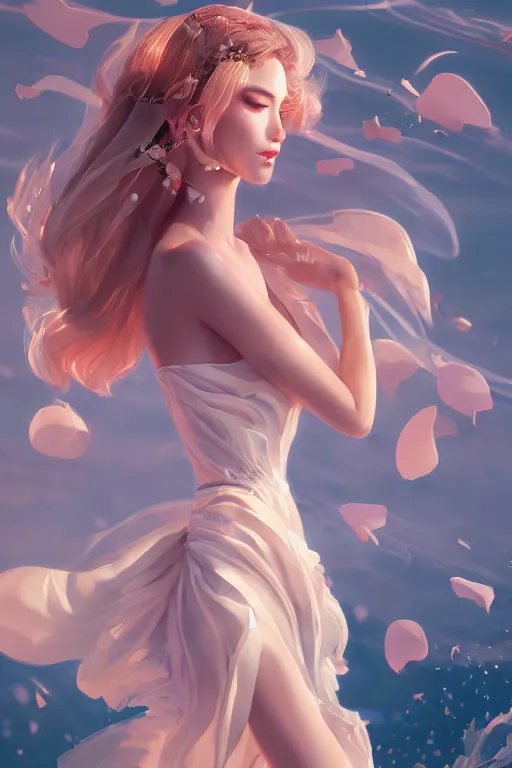 Image similar to a beautiful fashion goddness of love, chic strapless dress, tropical sea background, character design, in the style of artgerm, and wlop, cinematic lighting, hyperdetailed, 8 k realistic, symmetrical, global illumination, radiant light, frostbite 3 engine, cryengine, dof, trending on artstation, digital art